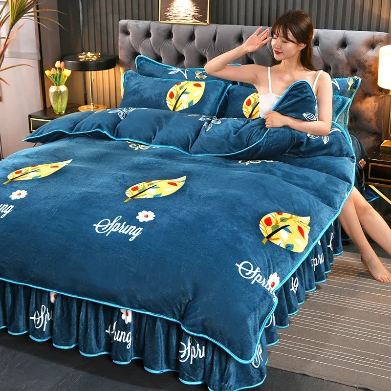 Winter Coral Velvet Four Piece Simple Fashion Thickened Double Sided Milk Flannel Sheet Home Bed Set Comforter Bed Set