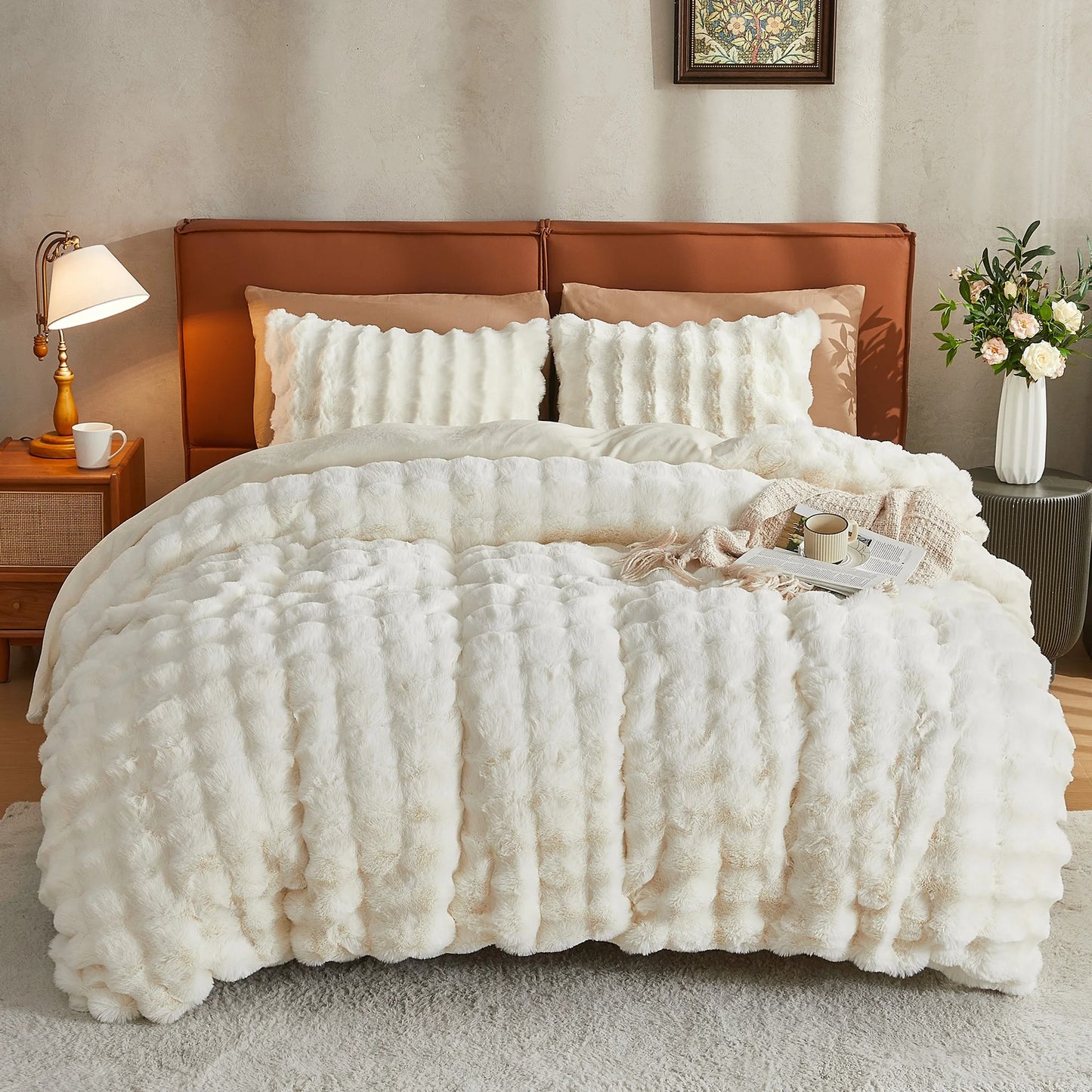 Soft Faux Rabbit Fur Comforter Cover, Cozy Plush Long Shaggy Fluffy Bedding Set with Zipper Closure