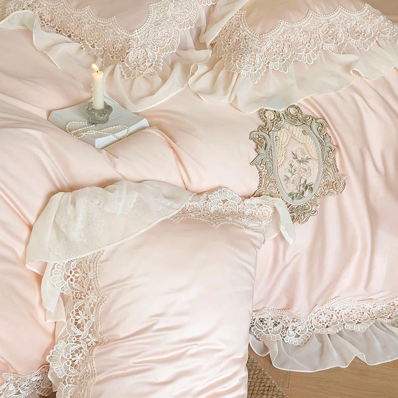 Pink Egyptian Cotton Embroidery Bedding Set Luxury Solid Color Chiffon Lace Duvet Cover Bed Sheet Pillowcases Queen King Size