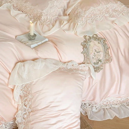 Pink Egyptian Cotton Embroidery Bedding Set Luxury Solid Color Chiffon Lace Duvet Cover Bed Sheet Pillowcases Queen King Size