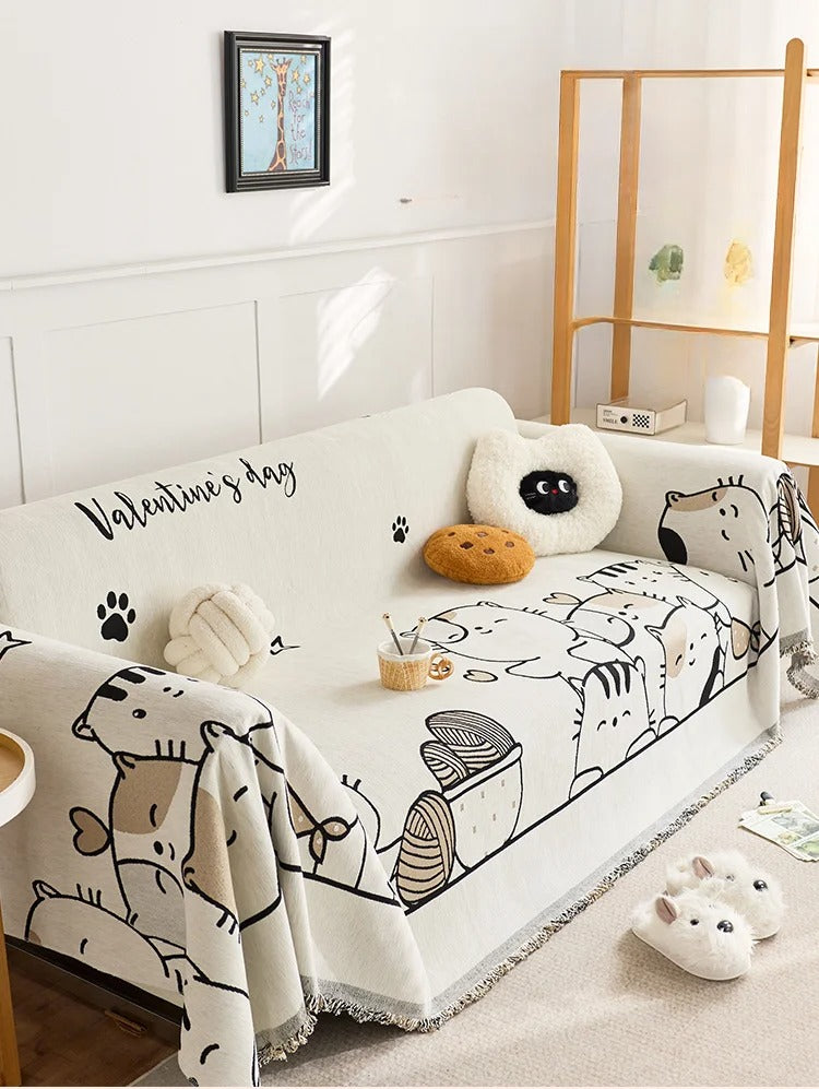 Cartoon Cat Chenille Sofa Cover, Full Coverage One-Piece, Anti-Slip & Cat Scratch Protector, Sofa Slipcover