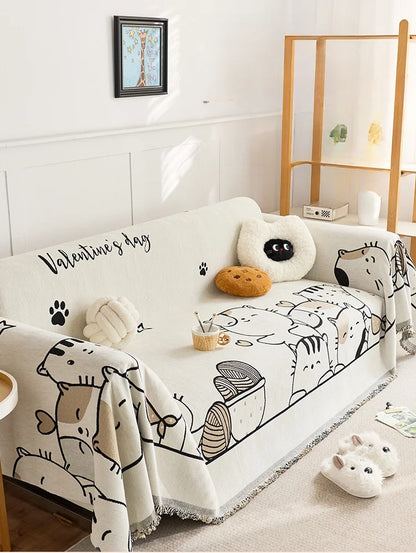 Cartoon Cat Chenille Sofa Cover, Full Coverage One-Piece, Anti-Slip & Cat Scratch Protector, Sofa Slipcover
