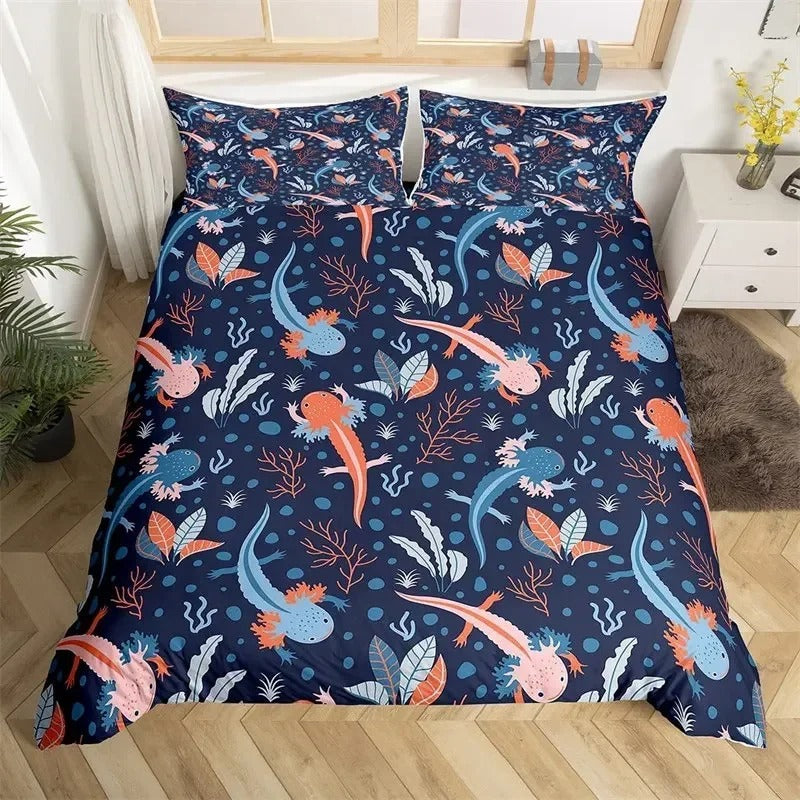 Toddlers Kawaii Axolotl Bedding Set Cute Sea Weed Coastal Comforter Cover Cartoon Axolotl Duvet Cover Full For Kids Boys Girls