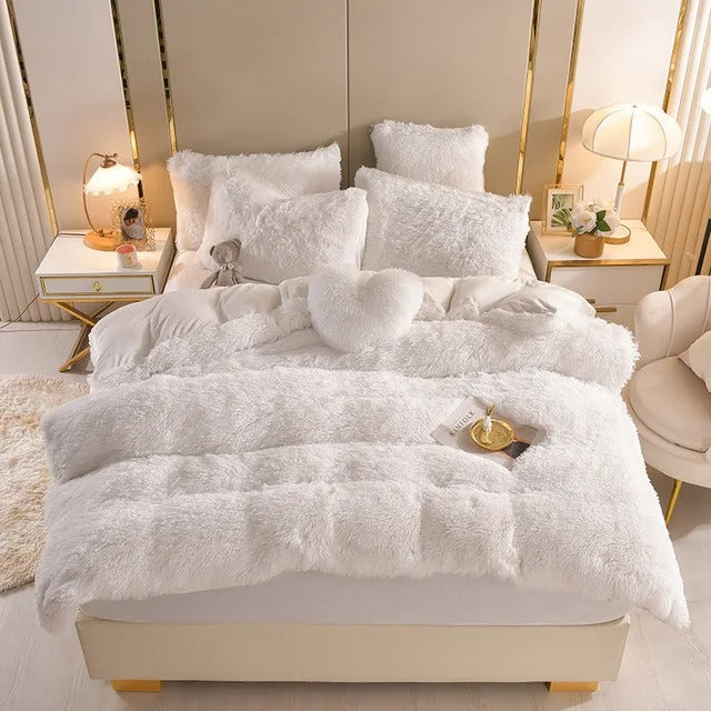 Nordic Pure Color Plush Duvet Cover Set with Sheet Pillow Covers Furry Winter Warm Kawaii Bedding Set Luxury Single Bed Sets