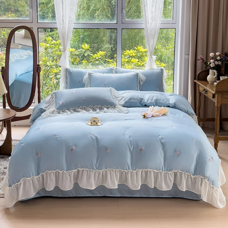 Rose Flowers Embroidery Bedding Set Queen King Size Beige Soft Polyester Duvet Cover Fitted Bed Sheet Pillowcases Home Textile