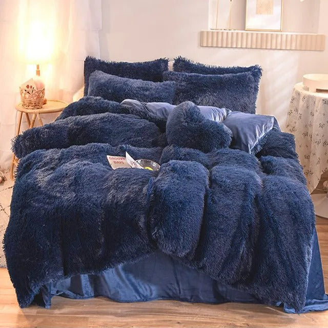 Nordic Pure Color Plush Duvet Cover Set with Sheet Pillow Covers Furry Winter Warm Kawaii Bedding Set Luxury Single Bed Sets