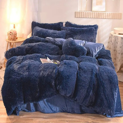Nordic Pure Color Plush Duvet Cover Set with Sheet Pillow Covers Furry Winter Warm Kawaii Bedding Set Luxury Single Bed Sets