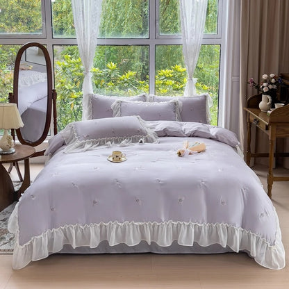 Rose Flowers Embroidery Bedding Set Queen King Size Beige Soft Polyester Duvet Cover Fitted Bed Sheet Pillowcases Home Textile